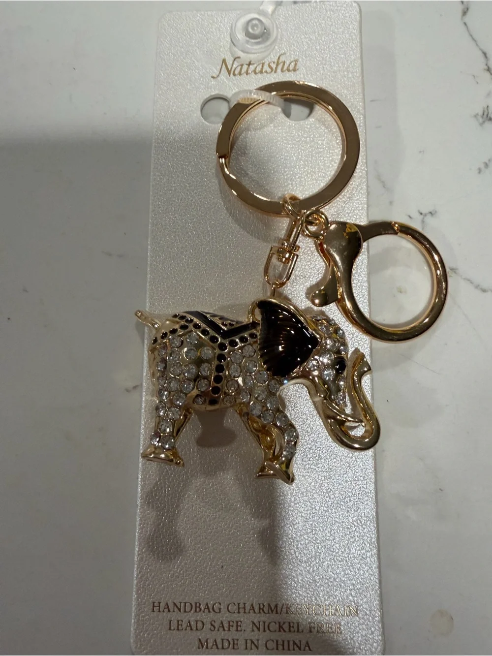 Natasha Couture Gold & Black Crystal Elephant Keychain